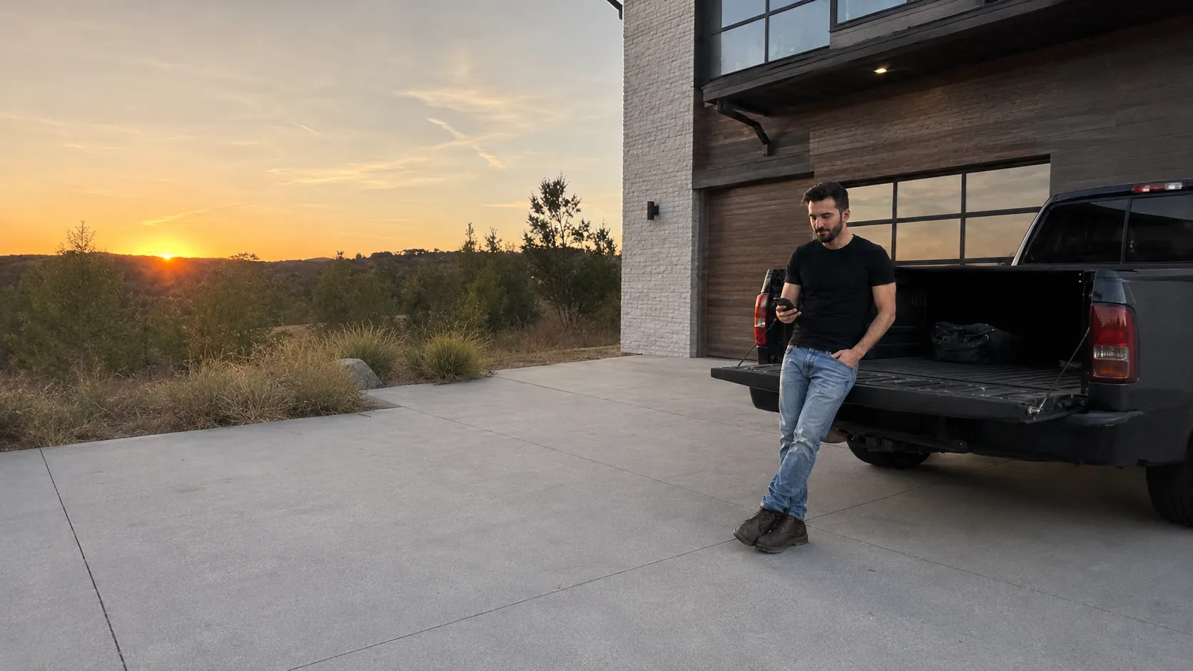 The founder of PhaseContract at the tailgate of his truck at golden hour, the job finished, checking his phone for a payment that hasn't come