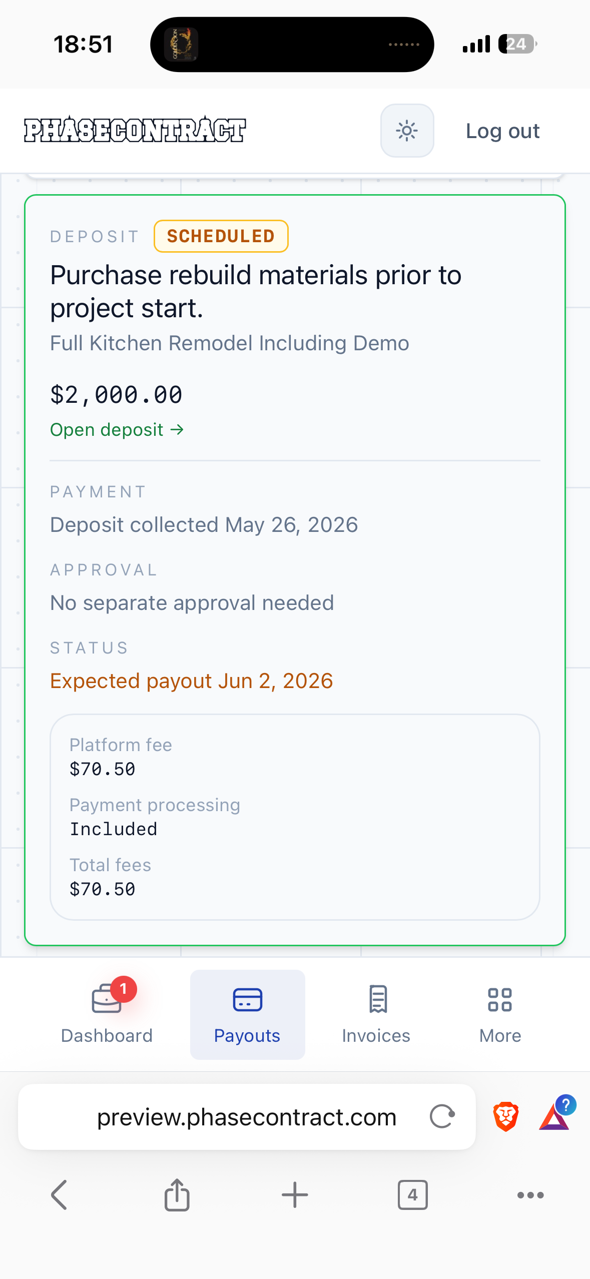 PhaseContract deposit payout and fee record