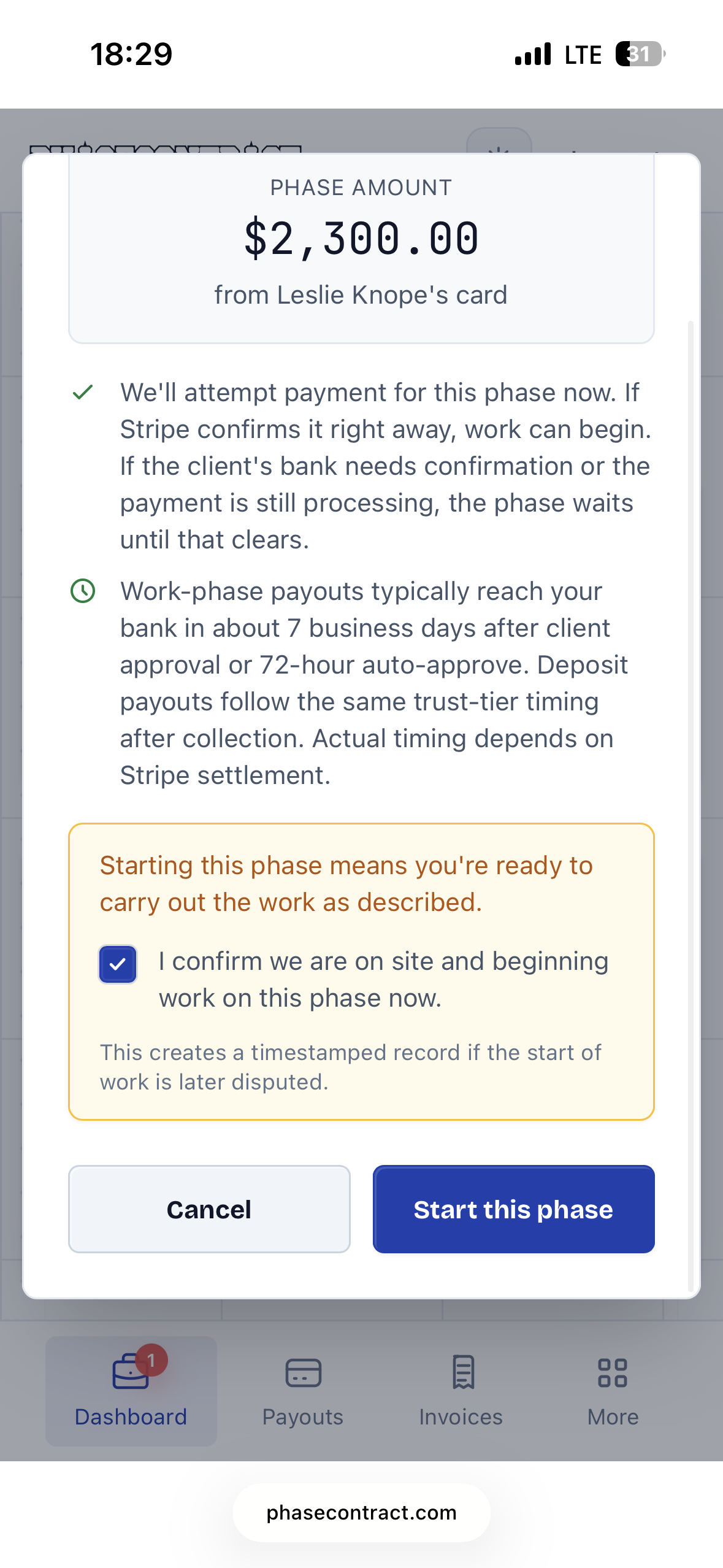 Contractor starting a work phase and the approved payment collecting
