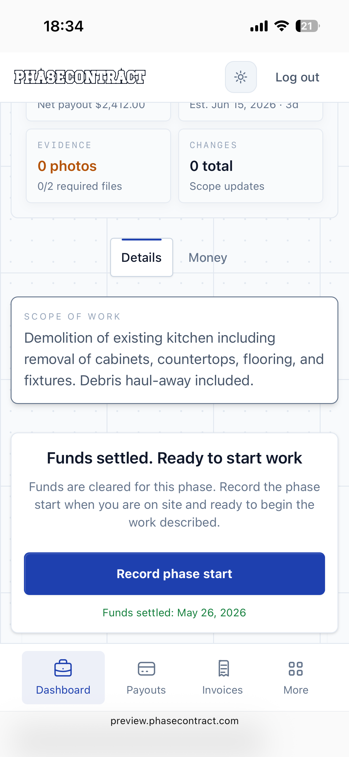 Contractor work phase funds settled and payout released