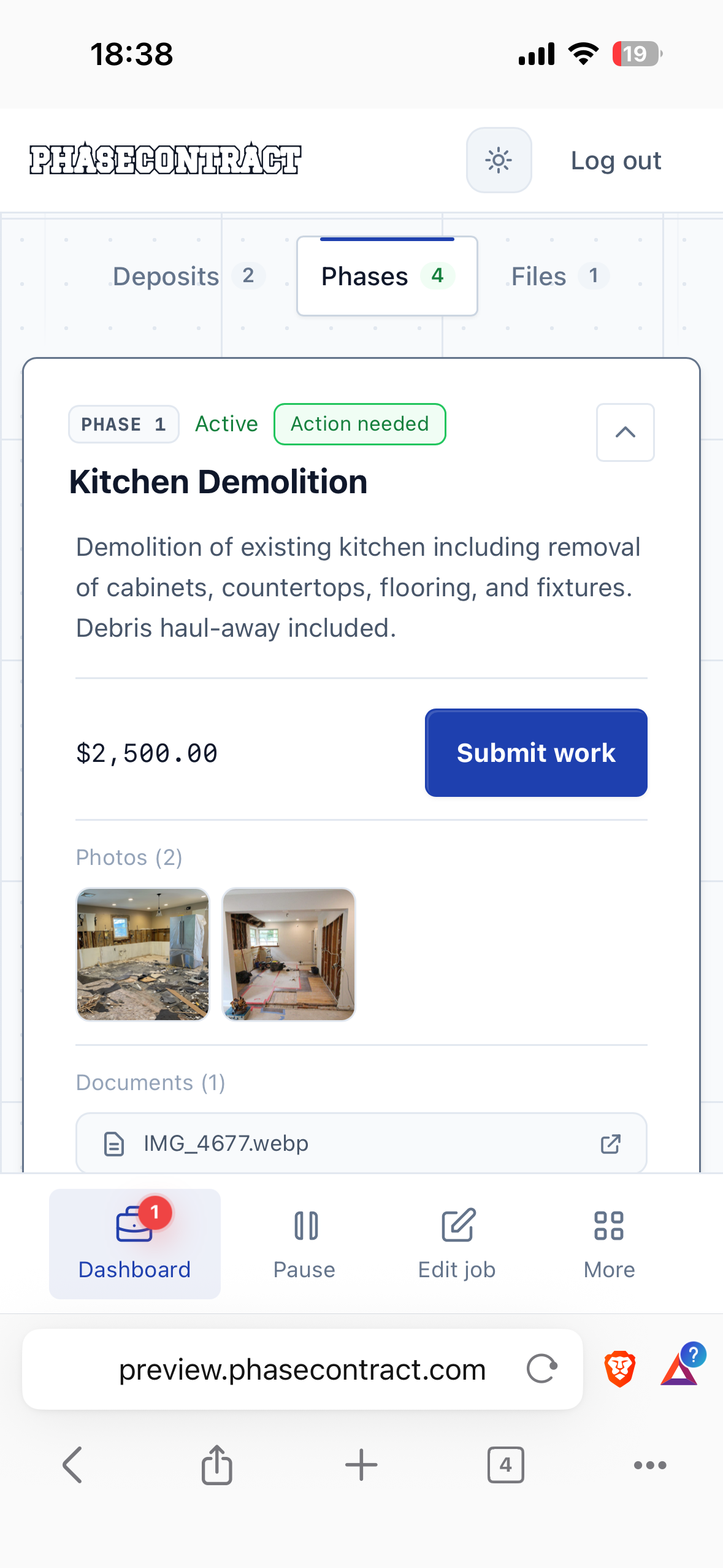 Contractor submitting photos as proof for a work phase