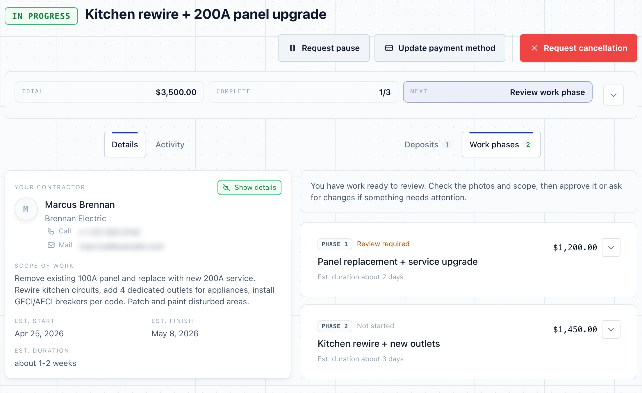 Example client workspace for a kitchen electrical upgrade, showing the job total, completed progress, a phase ready for review and the next phase.