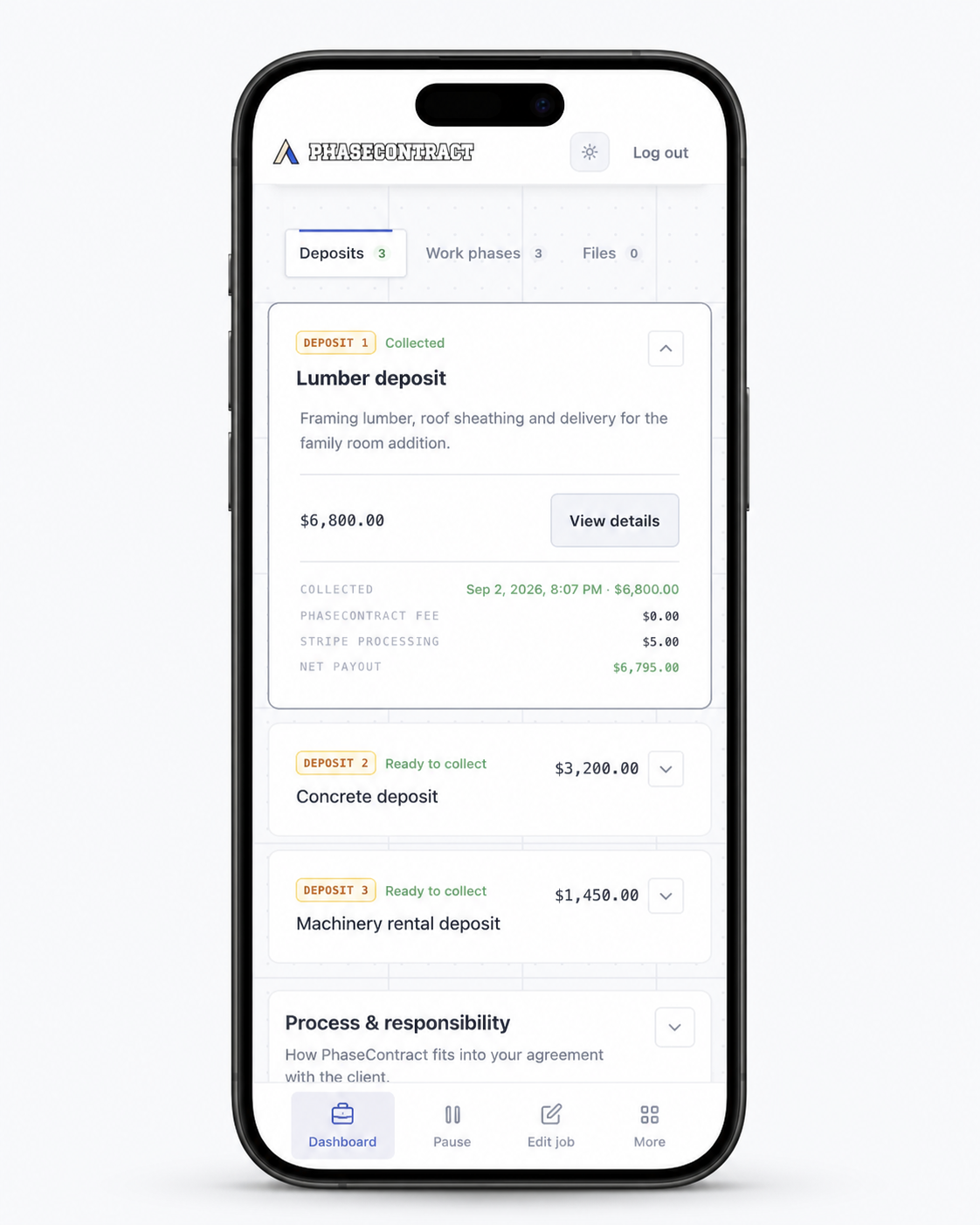 Mobile preview of a family room addition: the $6,800 lumber deposit is collected and expanded; the $3,200 concrete and $1,450 machinery rental deposits are collapsed and ready to collect. Deposits, Work phases and Files tabs remain visible.