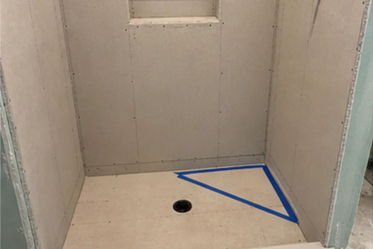 Proposed bench footprint documented before membrane and flood testing. photo