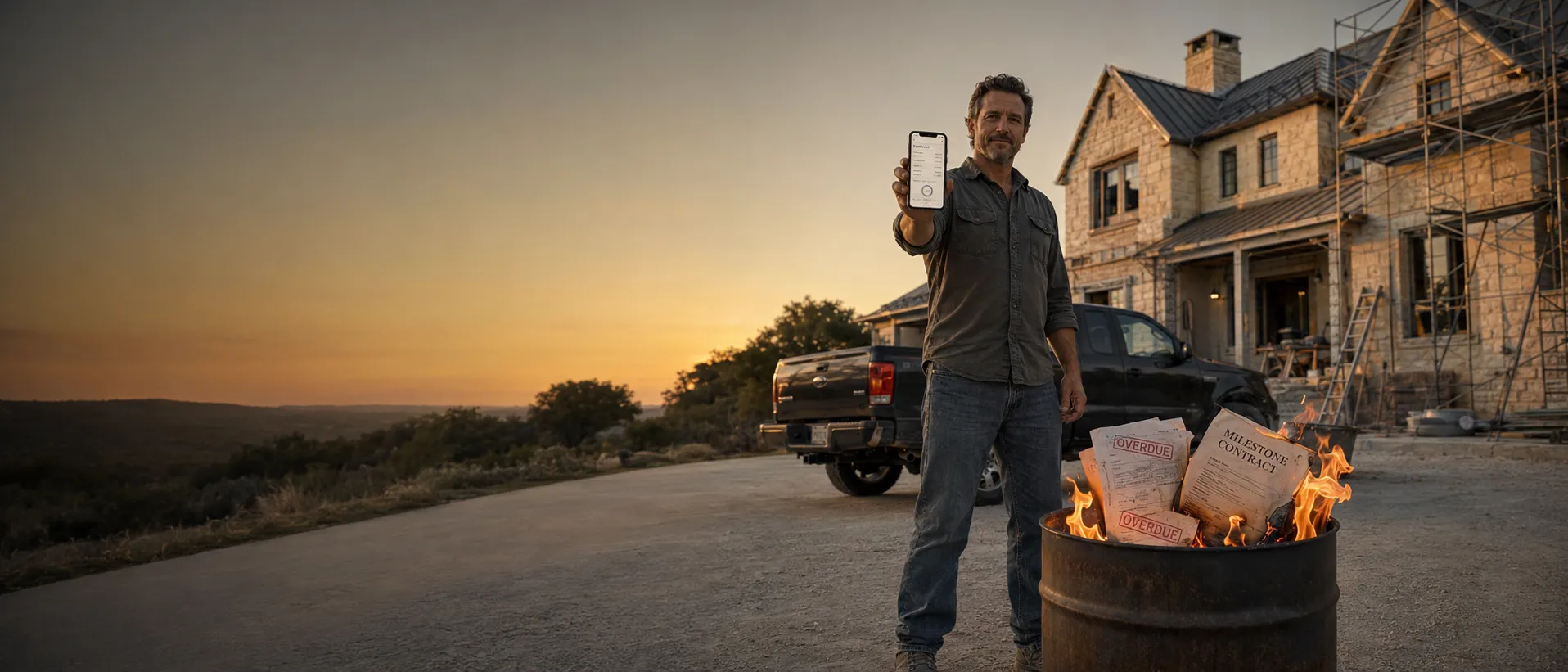 A trade business owner on a Texas jobsite holding up the PhaseContract app while paper milestone contracts and overdue invoices burn in a barrel