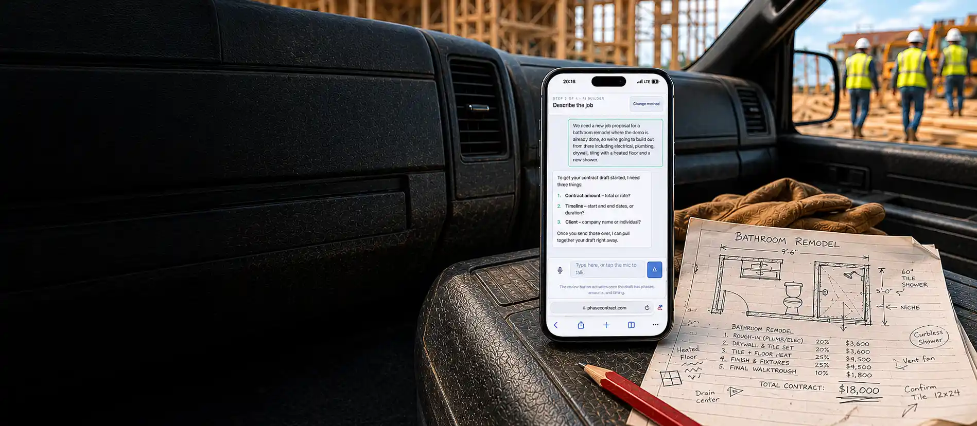 PhaseContract contractor job workflow with deposits, work phases, and payout