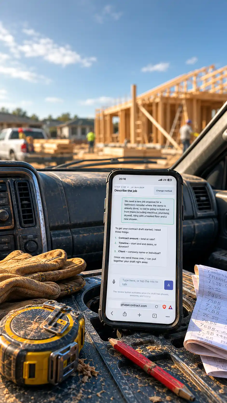 PhaseContract contractor job workflow with deposits, work phases, and payout
