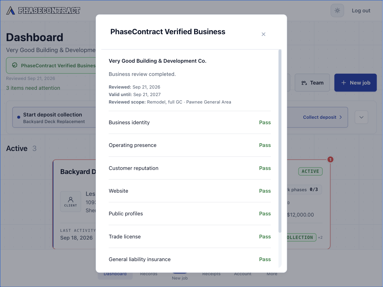 Example verification details showing individual review results, the reviewed scope, and review and expiry dates.