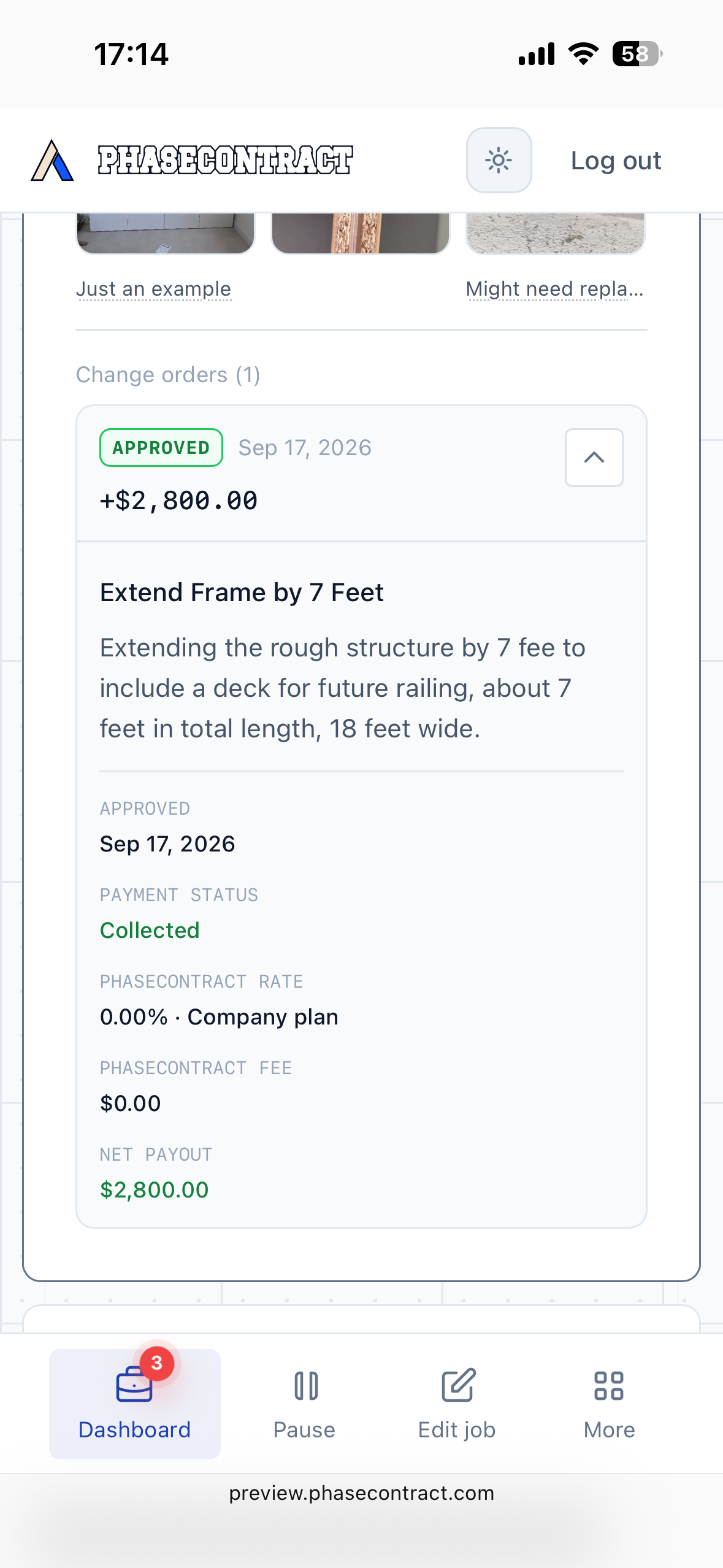 Approved framing extension with payment status Collected for $2,800.