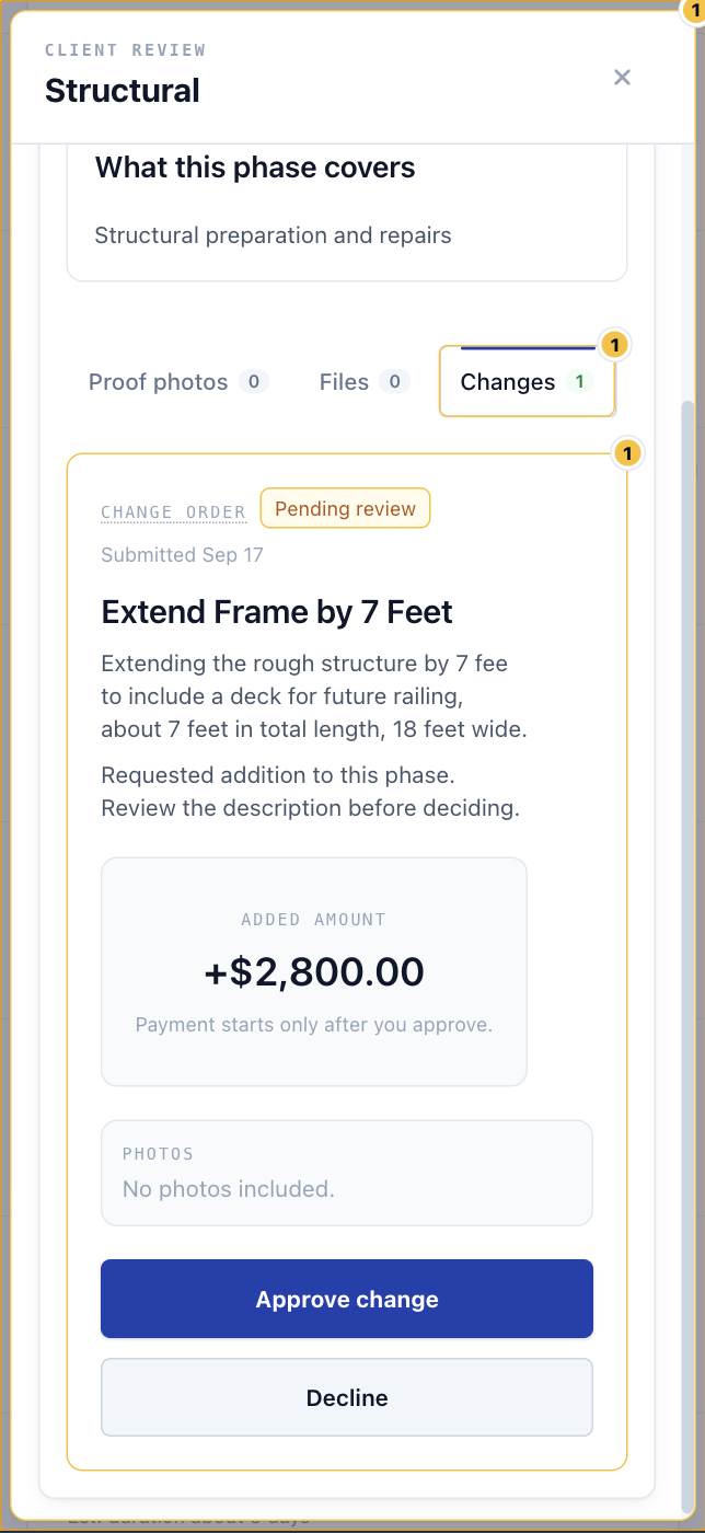 Client reviewing a pending $2,800 framing extension with approve and decline actions.
