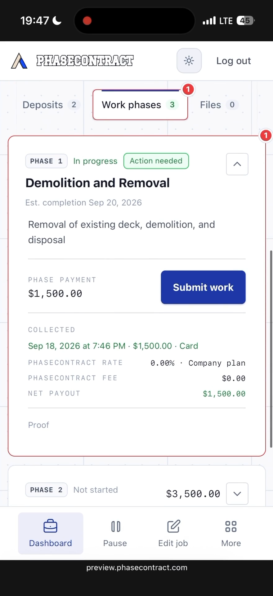 Example mobile work phase: Demolition and Removal is in progress with $1,500 collected; the next work phase has not started.